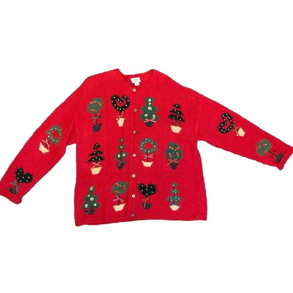 Ugly Christmas Sweater Red Medium Wreath Topiary Rose Tree Holly Talbots…